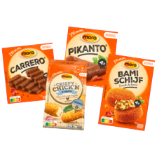 Mora pikanto, kaassouffle, crispy chicken, carrero, kipcorn of bamischijf